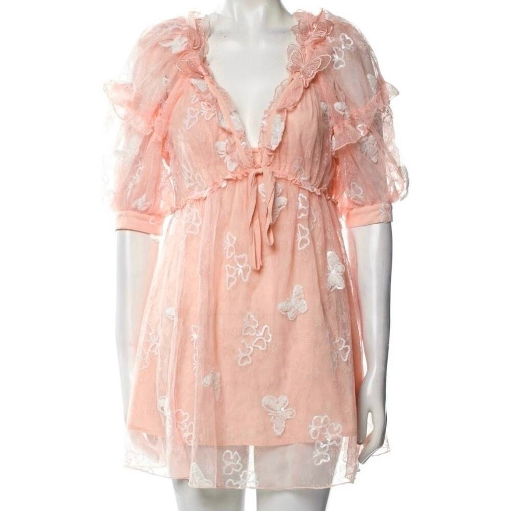 For Love & Lemons Shari Medium Peach Mini Dress Butterfly Sequin Lace NWT - Picture 15 of 16
